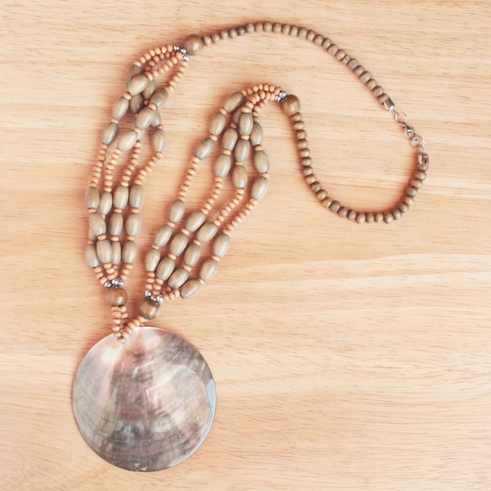 Abalone Shell Giant Disc Pendant Boho Bohemian Beaded Nut Seed Wood Necklace